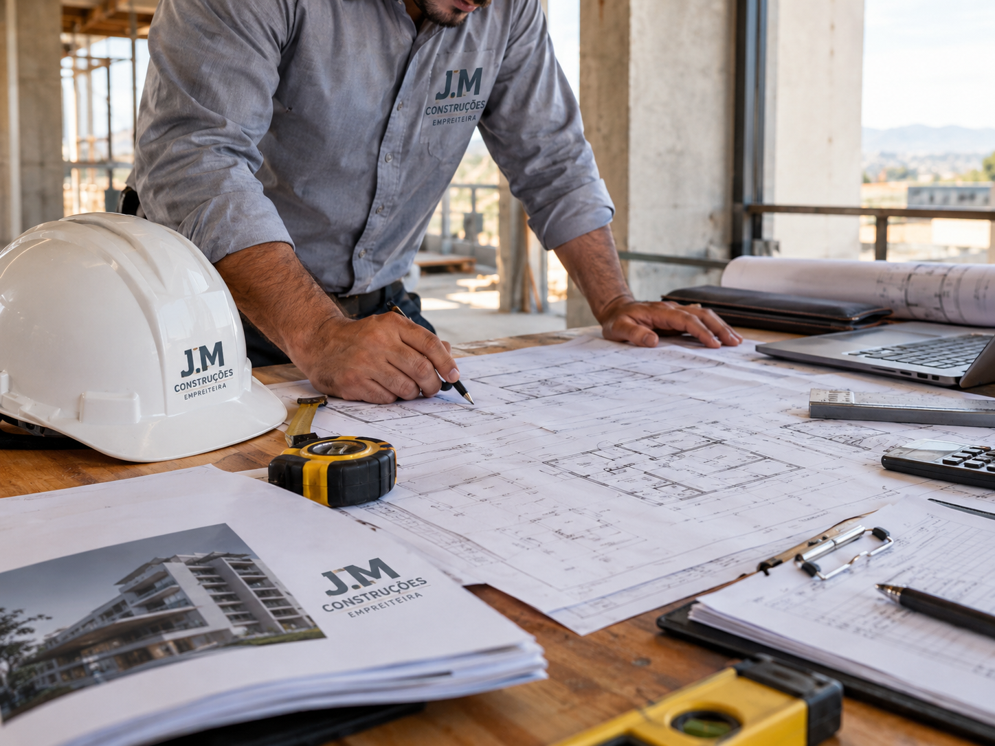Engenheiro da J.M Construções analisando projetos e plantas no canteiro de obras